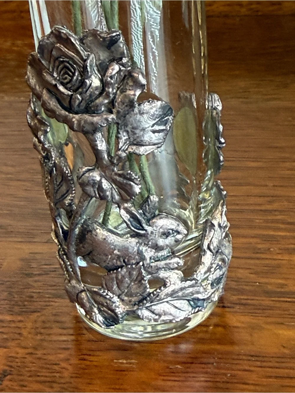 1995 Arthur Court Bunny & Roses Bud Vase Cast Aluminum with Faux Burgundy Stems